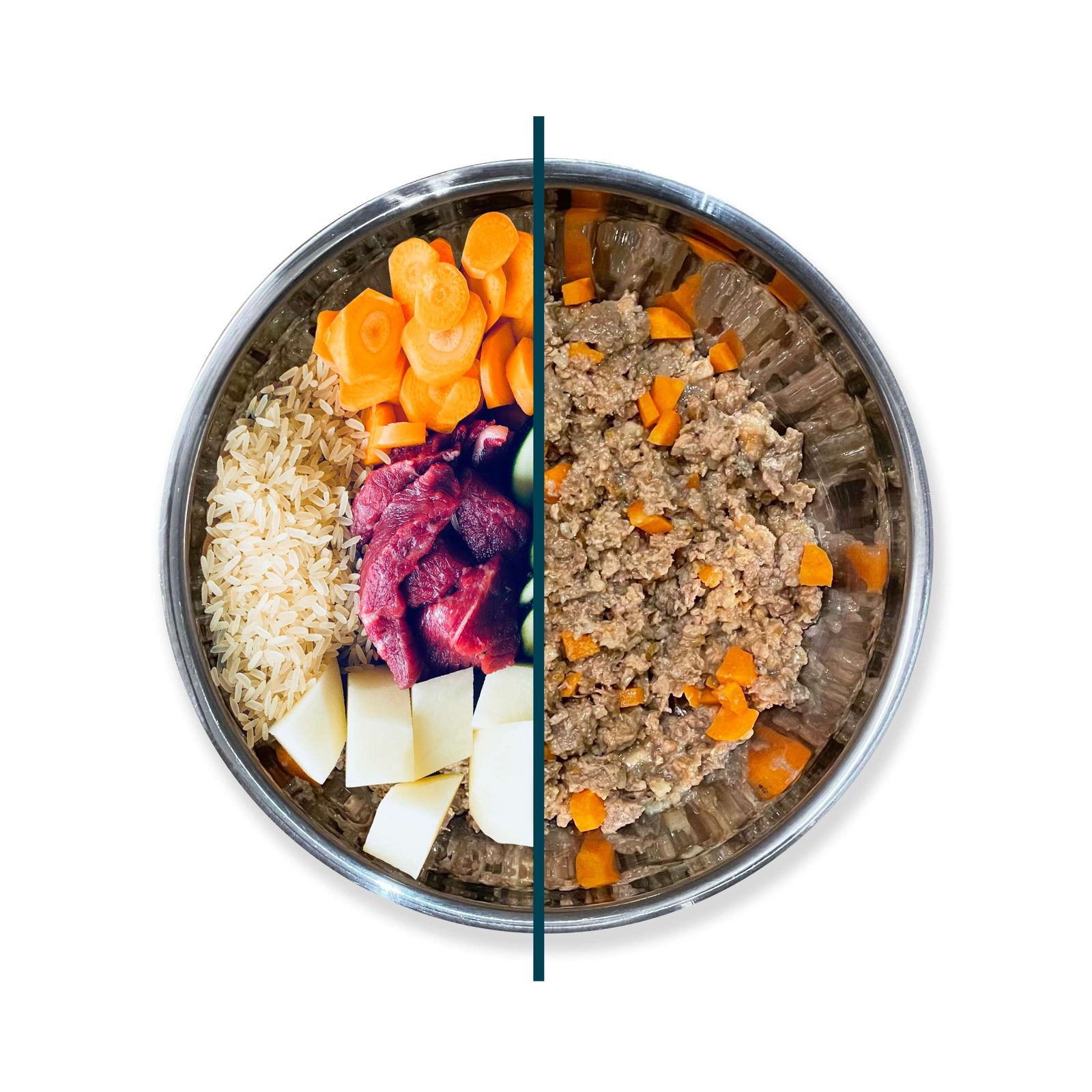 Ciotola con le ricette Pappa Fresh: ingredienti veri, prima e dopo la cottura